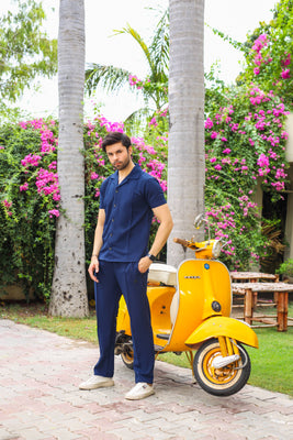Waffle Navy Blue Half-Sleeve Safari Suit for Men B3