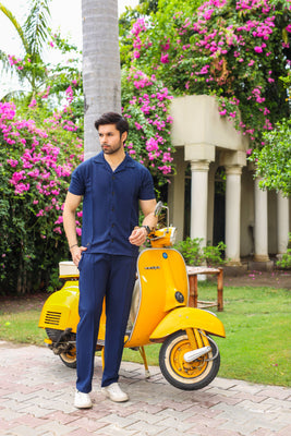 Waffle Navy Blue Half-Sleeve Safari Suit for Men B3