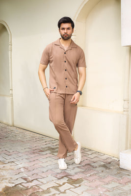 Waffle Coffee Brown Half-Sleeve Safari Suit for Men B5