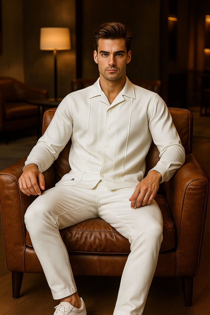 Waffle White F-Sleeve Safari Suit for Men – Premium Comfort Series B13