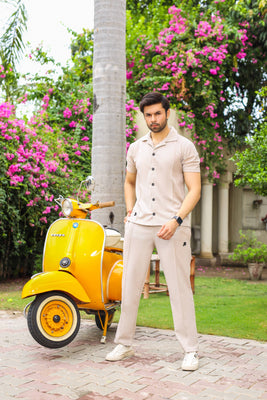 Waffle Beige Half-Sleeve Safari Suit for Men B4
