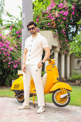 Waffle Off White Half-Sleeve Safari Suit for Men B7