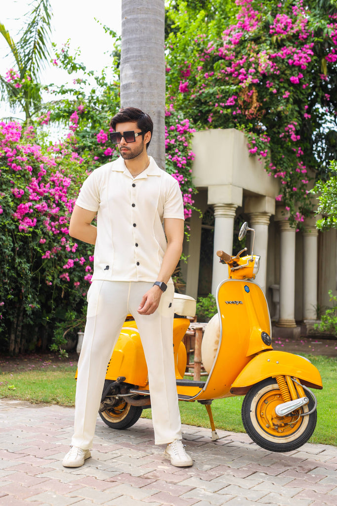 Waffle Off White Half-Sleeve Safari Suit for Men
