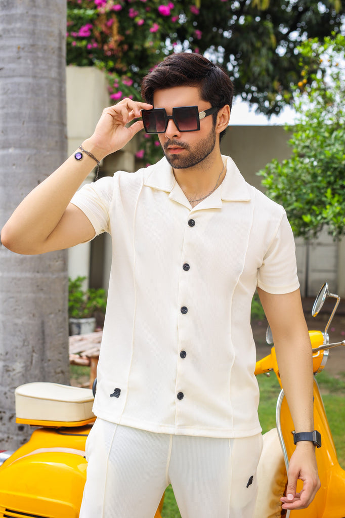 Waffle Off White Half-Sleeve Safari Suit for Men