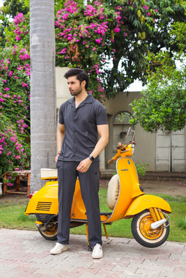 Waffle Charcoal Half-Sleeve Safari Suit for Men B6