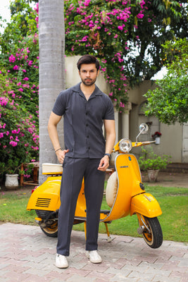 Waffle Charcoal Half-Sleeve Safari Suit for Men B6